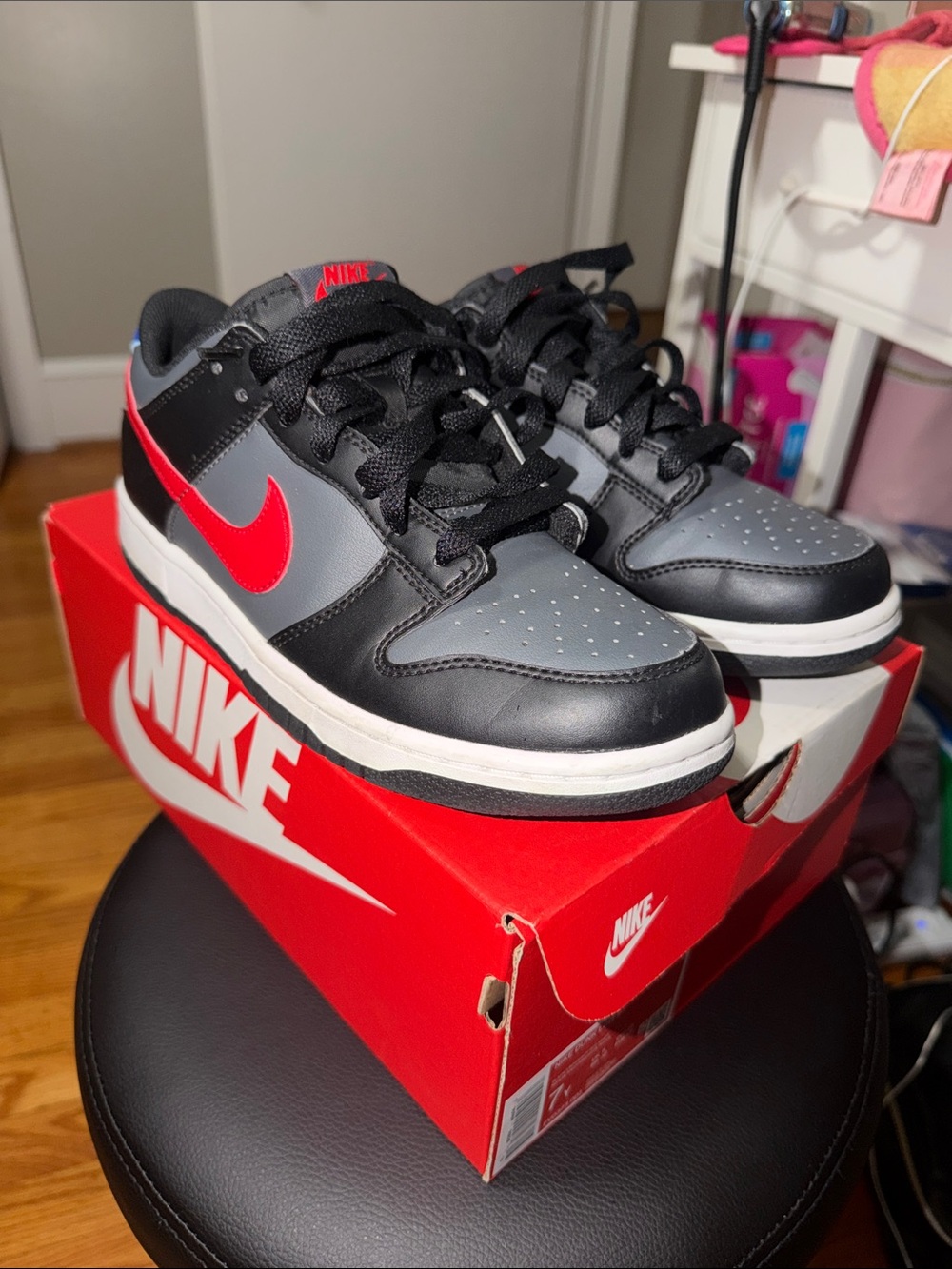 Nike Kids' Dunk Low - Gray/Black with Red Swoosh